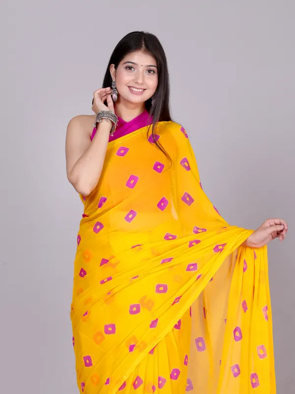 Yellow_Bandhani_Printed_Chiffon_Printed_Sarees_For_Women