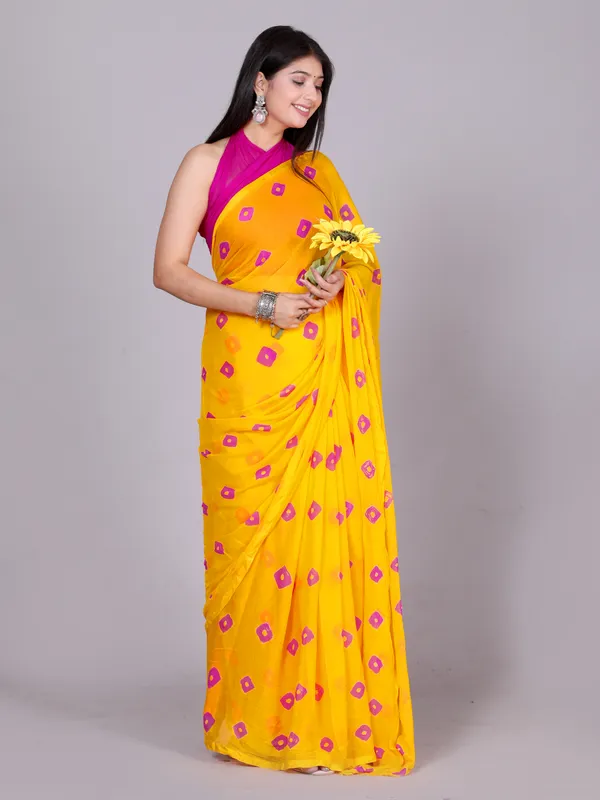 Yellow_Bandhani_Printed_Chiffon_Printed_Sarees_For_Women