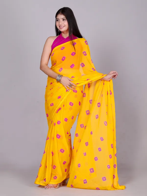 Yellow_Bandhani_Printed_Chiffon_Printed_Sarees_For_Women