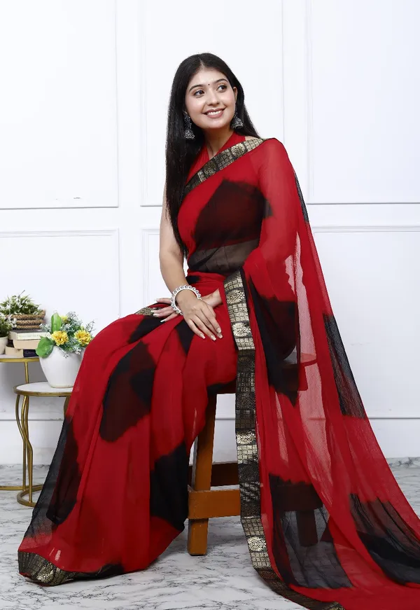 Red_Pure_Chiffon_Trendy_Checked_Leheriya_Chiffon_Sarees_For_Women