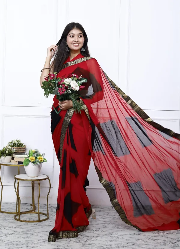 Red_Pure_Chiffon_Trendy_Checked_Leheriya_Chiffon_Sarees_For_Women