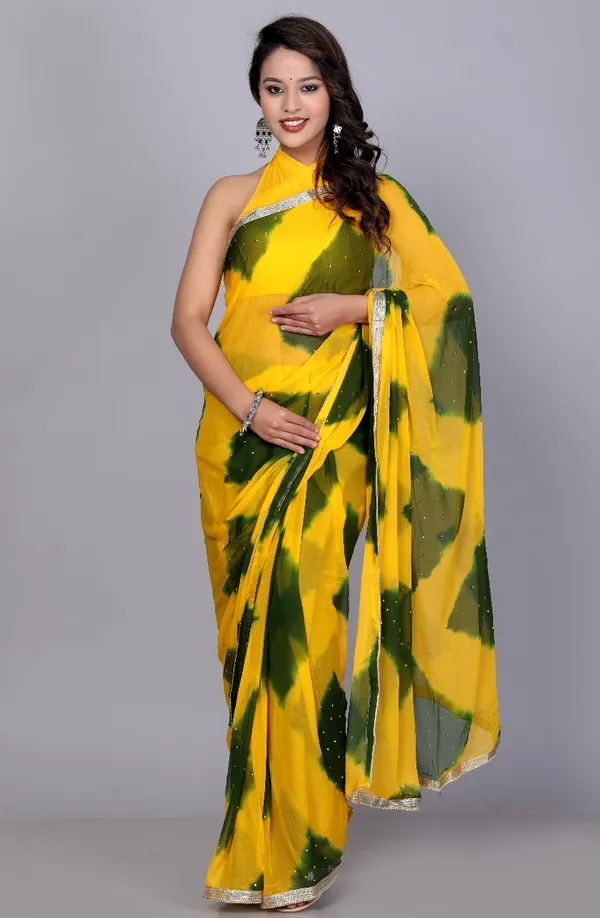Yellow_Trendy_Chiffon_Printed_Printed_Leheriya_Check_Printed_Stone_Work_Sarees_For_Women