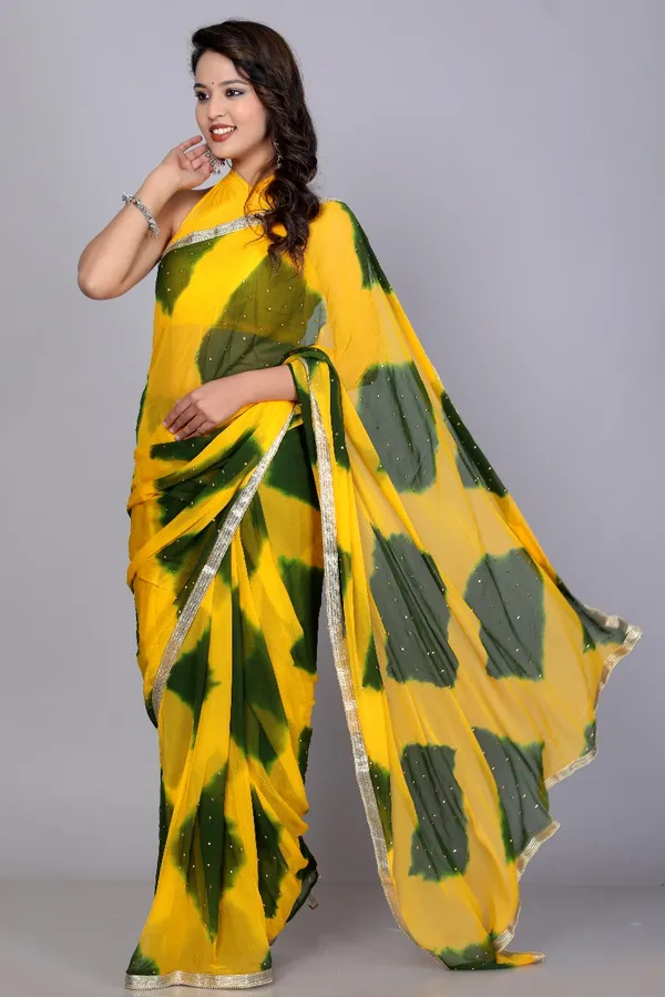 Yellow_Trendy_Chiffon_Printed_Printed_Leheriya_Check_Printed_Stone_Work_Sarees_For_Women
