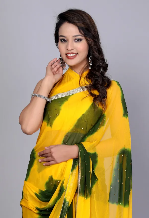 Yellow_Trendy_Chiffon_Printed_Printed_Leheriya_Check_Printed_Stone_Work_Sarees_For_Women