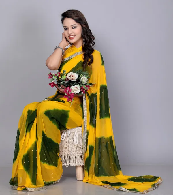 Yellow_Trendy_Chiffon_Printed_Printed_Leheriya_Check_Printed_Stone_Work_Sarees_For_Women