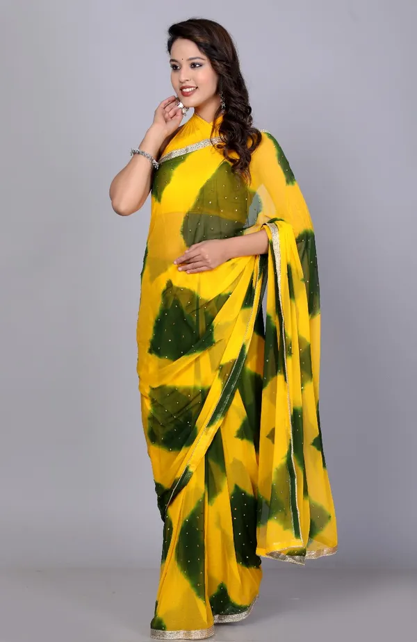 Yellow_Trendy_Chiffon_Printed_Printed_Leheriya_Check_Printed_Stone_Work_Sarees_For_Women