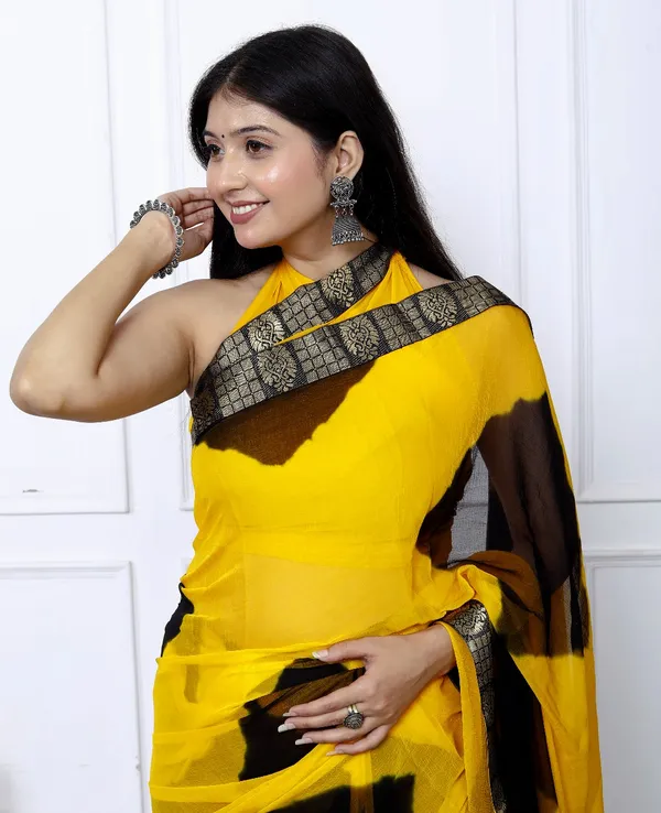 Yellow_Pure_Chiffon_Trendy_Checked_Border_Lace_Chiffon_Sarees_For_Women