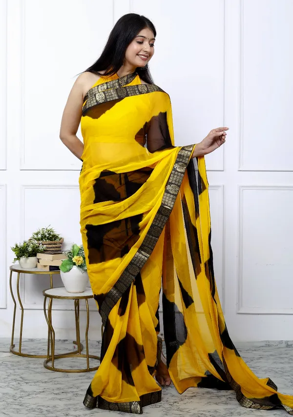 Yellow_Pure_Chiffon_Trendy_Checked_Border_Lace_Chiffon_Sarees_For_Women