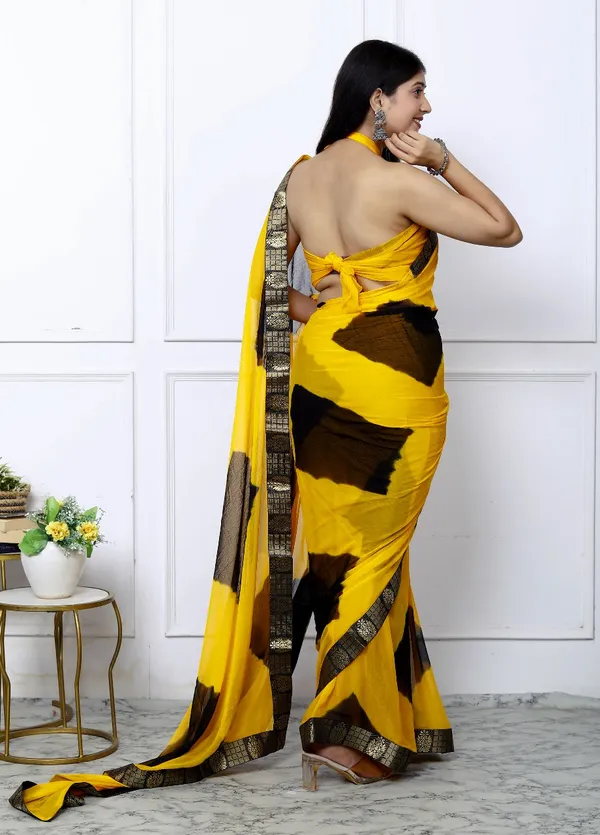 Yellow_Pure_Chiffon_Trendy_Checked_Border_Lace_Chiffon_Sarees_For_Women