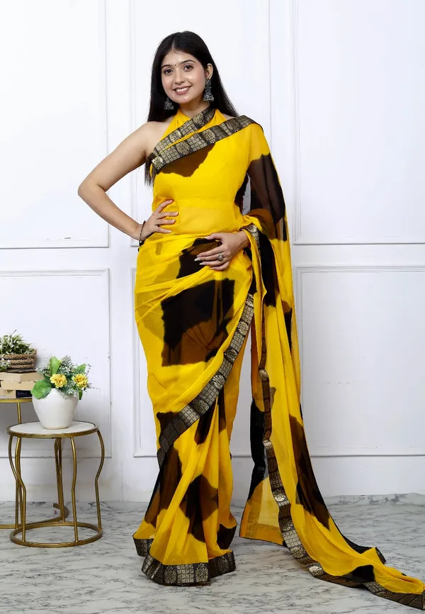Yellow_Pure_Chiffon_Trendy_Checked_Border_Lace_Chiffon_Sarees_For_Women