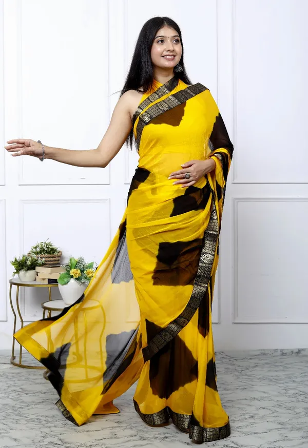 Yellow_Pure_Chiffon_Trendy_Checked_Border_Lace_Chiffon_Sarees_For_Women