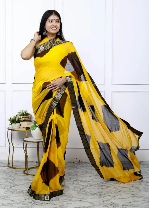 Yellow_Pure_Chiffon_Trendy_Checked_Border_Lace_Chiffon_Sarees_For_Women