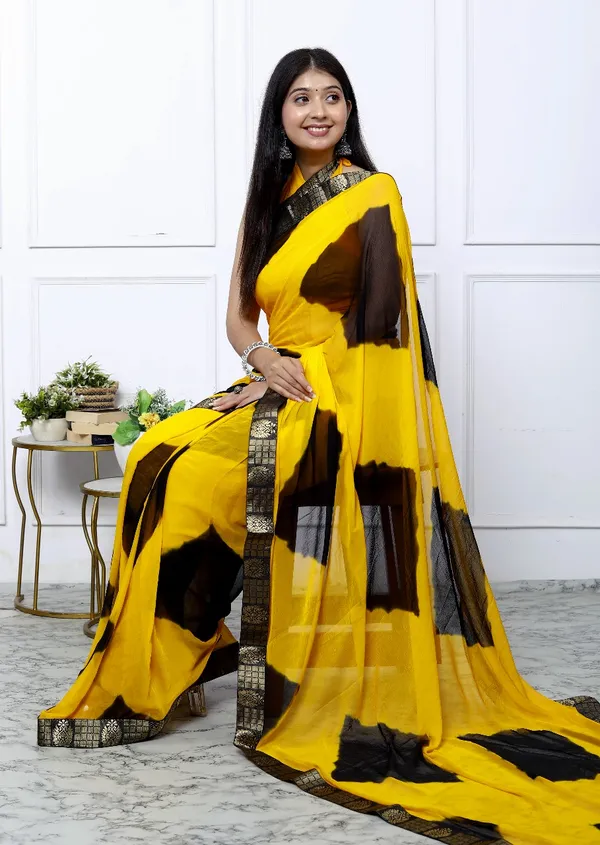 Yellow_Pure_Chiffon_Trendy_Checked_Border_Lace_Chiffon_Sarees_For_Women