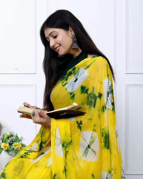 Gold_Pure_Chiffon_Trendy_Checked_Bandhini_Chiffon_Sarees_For_Women