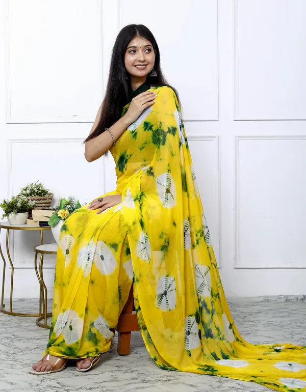 Gold_Pure_Chiffon_Trendy_Checked_Bandhini_Chiffon_Sarees_For_Women