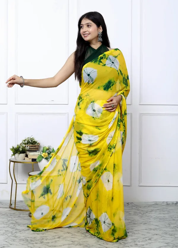 Gold_Pure_Chiffon_Trendy_Checked_Bandhini_Chiffon_Sarees_For_Women