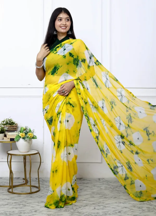 Gold_Pure_Chiffon_Trendy_Checked_Bandhini_Chiffon_Sarees_For_Women