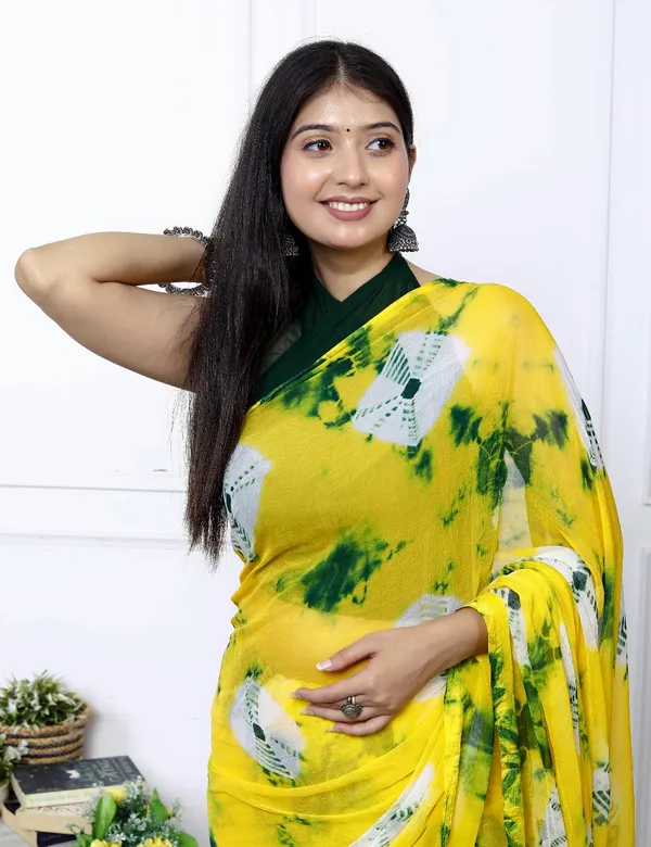 Gold_Pure_Chiffon_Trendy_Checked_Bandhini_Chiffon_Sarees_For_Women