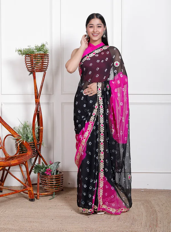 Black_Pure_Chiffon_Bandhani_Bandej_Gotta_Patti_Sarees_For_Women
