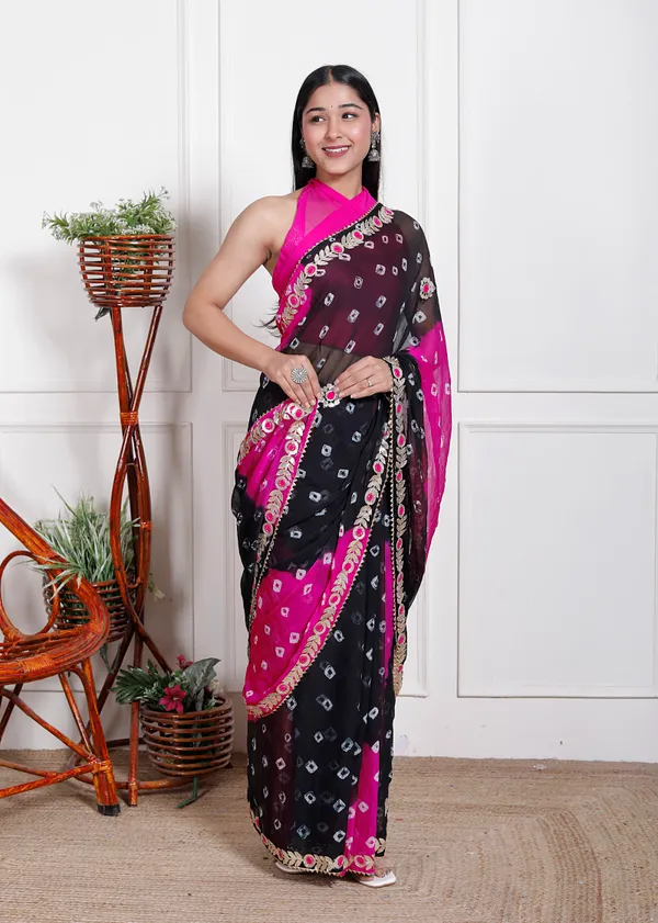 Black_Pure_Chiffon_Bandhani_Bandej_Gotta_Patti_Sarees_For_Women