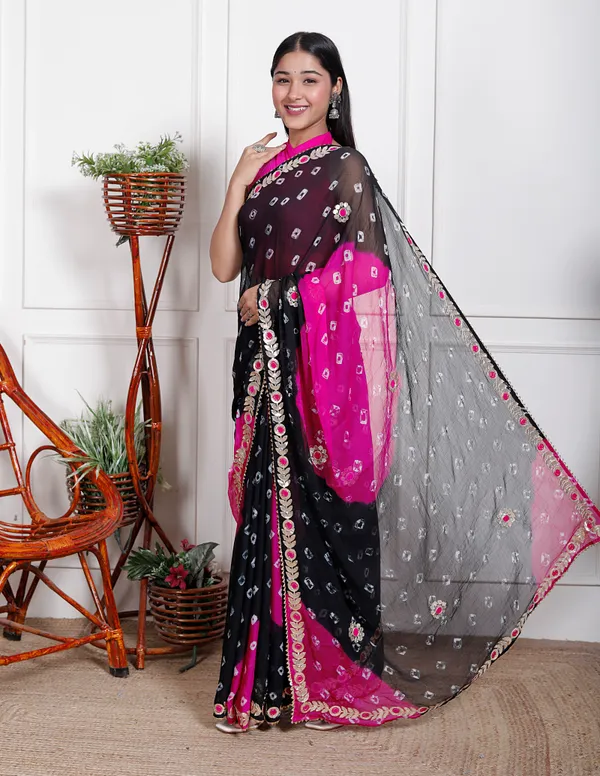 Black_Pure_Chiffon_Bandhani_Bandej_Gotta_Patti_Sarees_For_Women