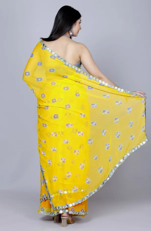 Yellow_Pure_Chiffon_Bandhini_Mirror_Work_Printed_Work_Sarees_For_Women