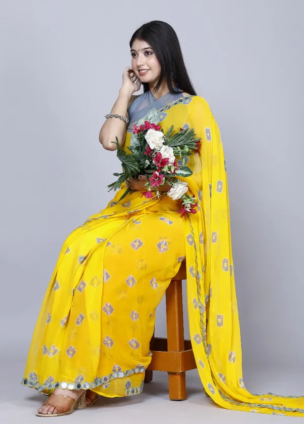 Yellow_Pure_Chiffon_Bandhini_Mirror_Work_Printed_Work_Sarees_For_Women