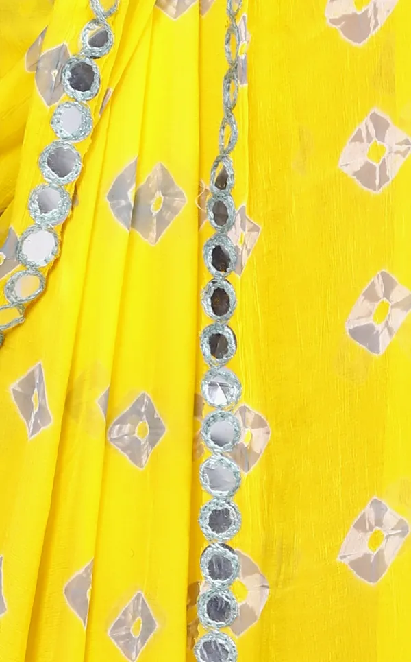 Yellow_Pure_Chiffon_Bandhini_Mirror_Work_Printed_Work_Sarees_For_Women