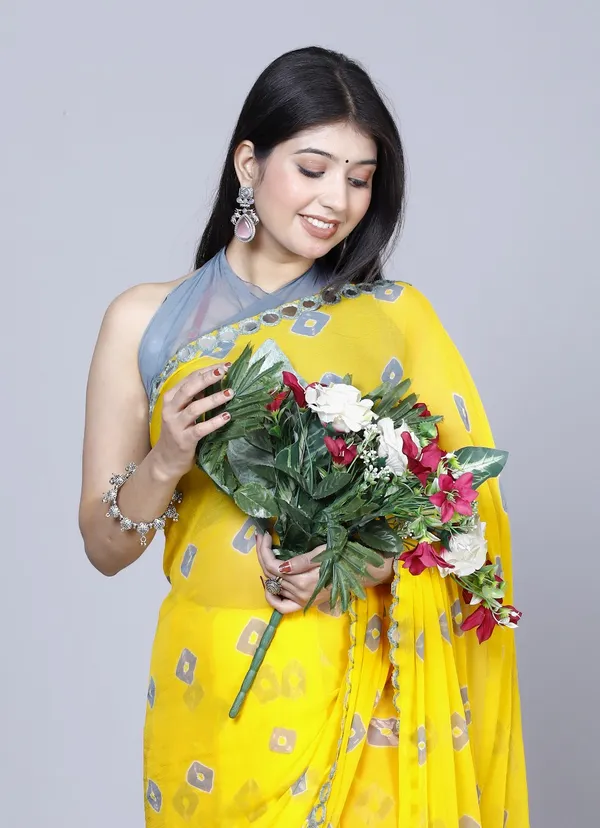 Yellow_Pure_Chiffon_Bandhini_Mirror_Work_Printed_Work_Sarees_For_Women