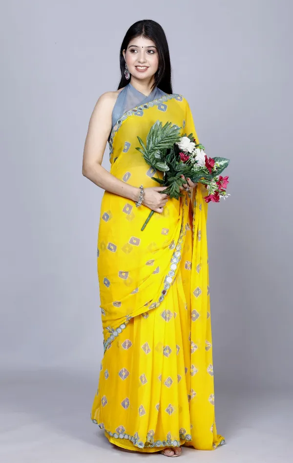 Yellow_Pure_Chiffon_Bandhini_Mirror_Work_Printed_Work_Sarees_For_Women