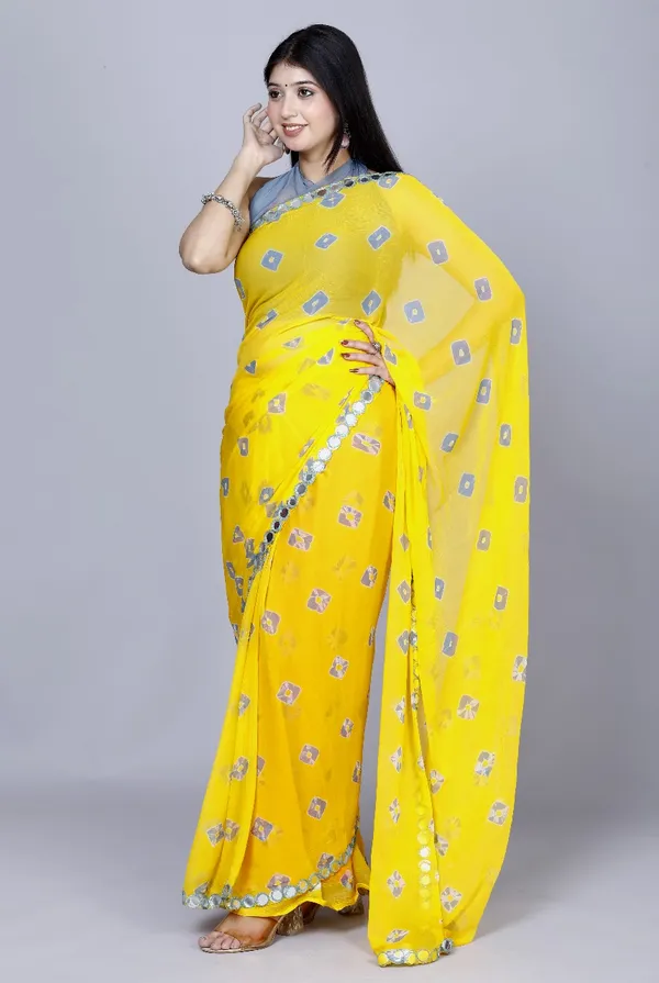 Yellow_Pure_Chiffon_Bandhini_Mirror_Work_Printed_Work_Sarees_For_Women