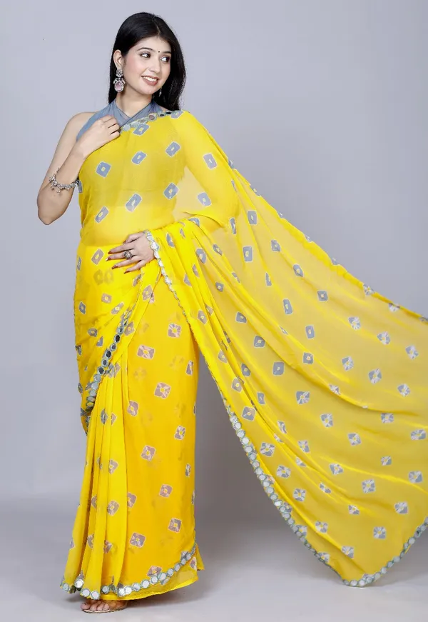 Yellow_Pure_Chiffon_Bandhini_Mirror_Work_Printed_Work_Sarees_For_Women