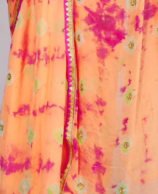 Peach_Bandhani_Stone_Work_Printed_Chiffon_Printed_Sarees_For_Women