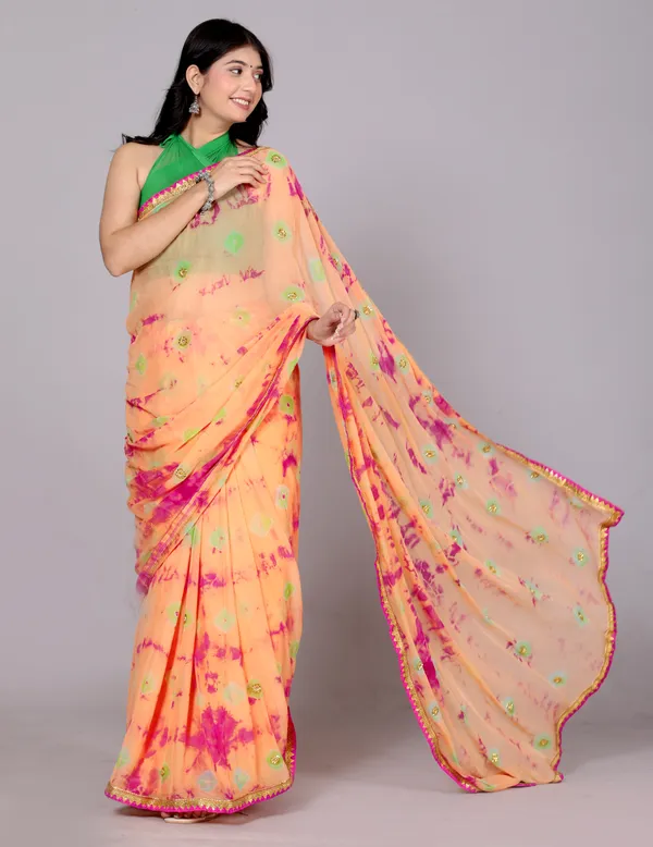 Peach_Bandhani_Stone_Work_Printed_Chiffon_Printed_Sarees_For_Women