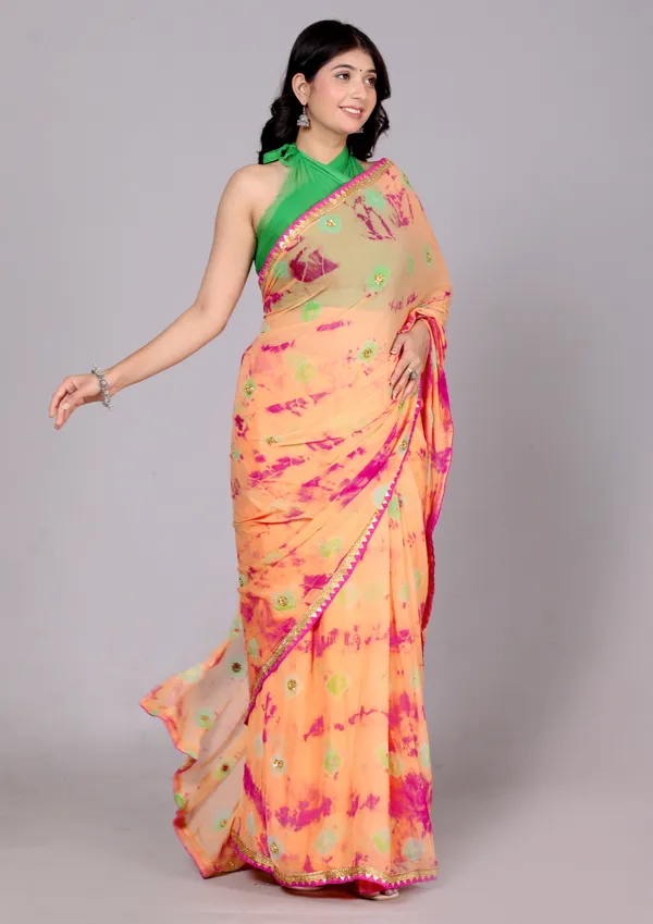 Peach_Bandhani_Stone_Work_Printed_Chiffon_Printed_Sarees_For_Women