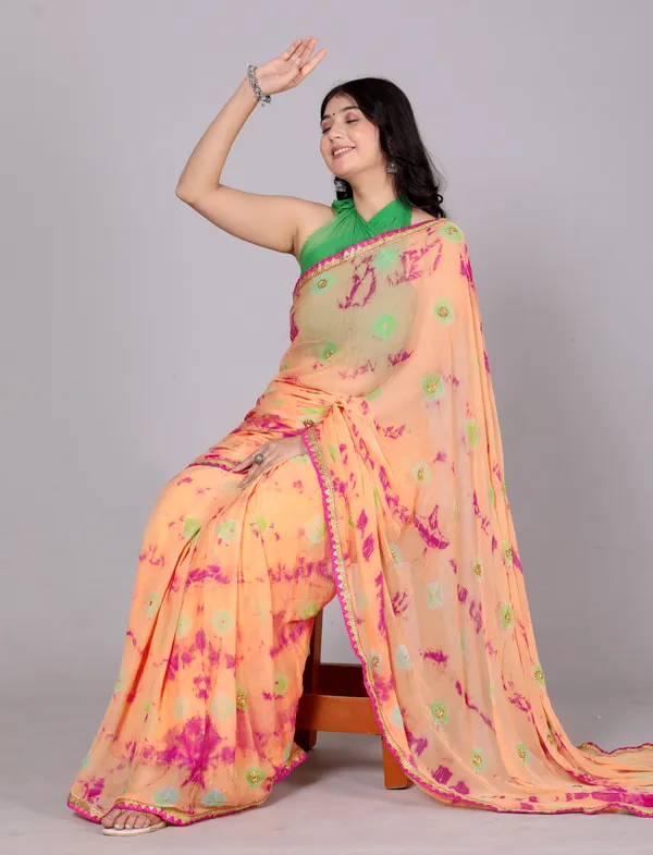 Peach_Bandhani_Stone_Work_Printed_Chiffon_Printed_Sarees_For_Women