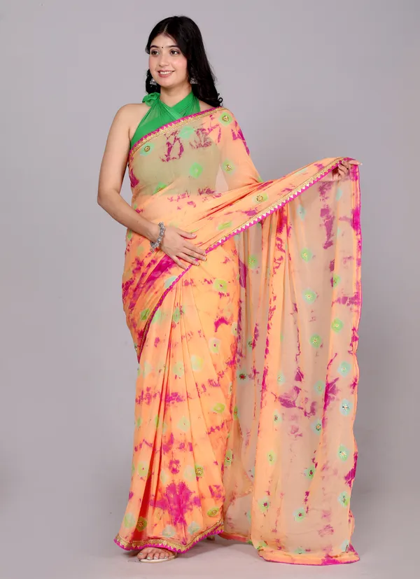 Peach_Bandhani_Stone_Work_Printed_Chiffon_Printed_Sarees_For_Women
