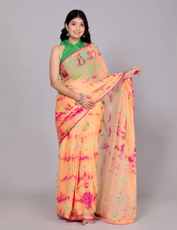 Peach_Bandhani_Stone_Work_Printed_Chiffon_Printed_Sarees_For_Women