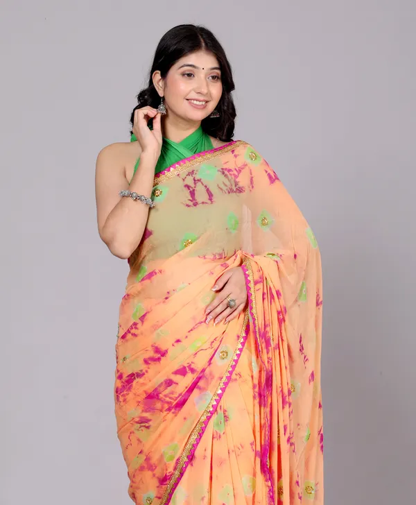 Peach_Bandhani_Stone_Work_Printed_Chiffon_Printed_Sarees_For_Women