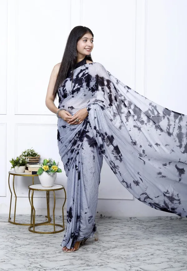 Grey_Pure_Chiffon_Trendy_Checked_Bandhini_Chiffon_Sarees_For_Women