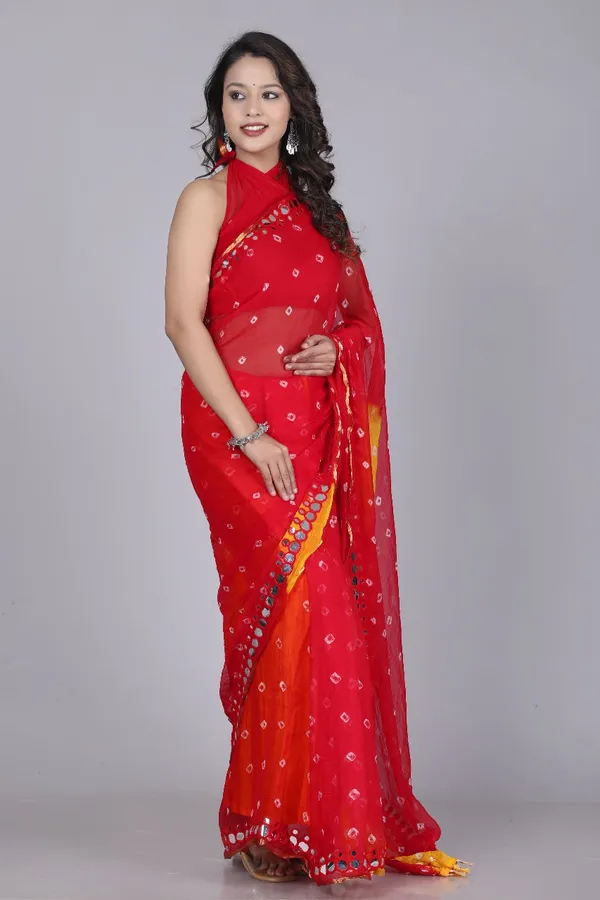 Red_Pure_Chiffon_Printed_Bandhani_Printed_Mirror_Work_Sarees_For_Women
