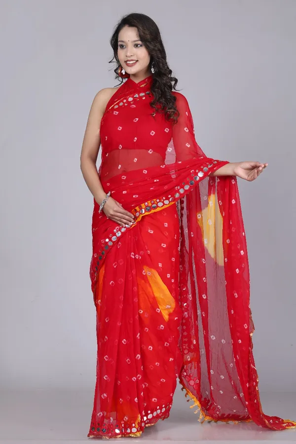 Red_Pure_Chiffon_Printed_Bandhani_Printed_Mirror_Work_Sarees_For_Women