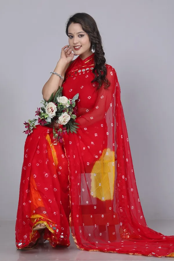 Red_Pure_Chiffon_Printed_Bandhani_Printed_Mirror_Work_Sarees_For_Women