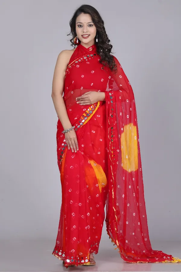 Red_Pure_Chiffon_Printed_Bandhani_Printed_Mirror_Work_Sarees_For_Women
