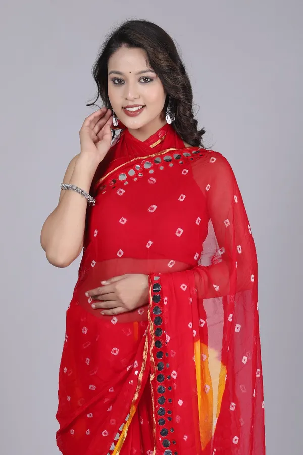 Red_Pure_Chiffon_Printed_Bandhani_Printed_Mirror_Work_Sarees_For_Women