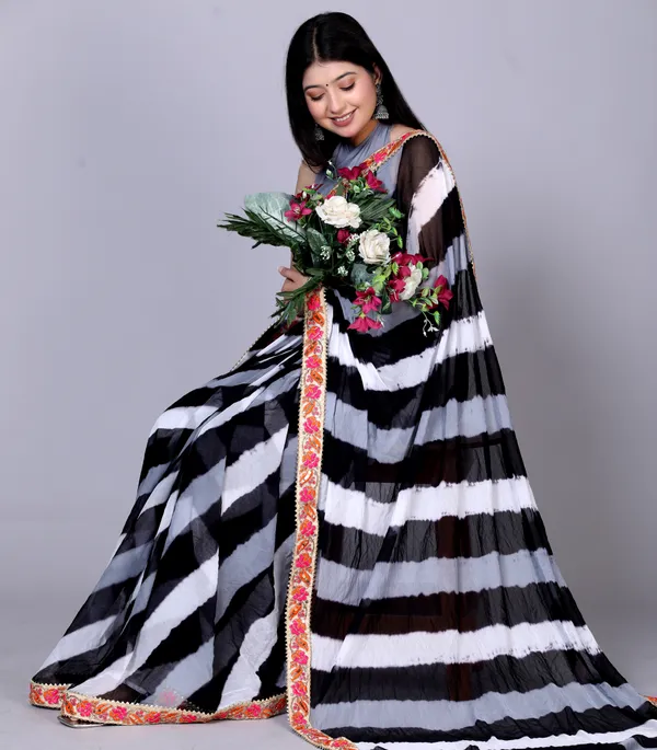 Black_Pure_Chiffon_Leheriya_Embroidered_Border_Sarees_For_Women