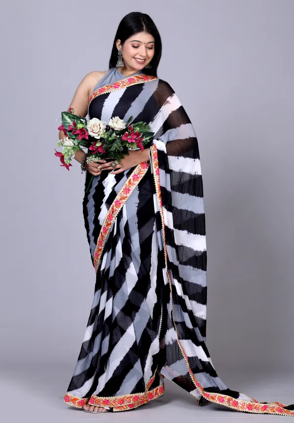 Black_Pure_Chiffon_Leheriya_Embroidered_Border_Sarees_For_Women