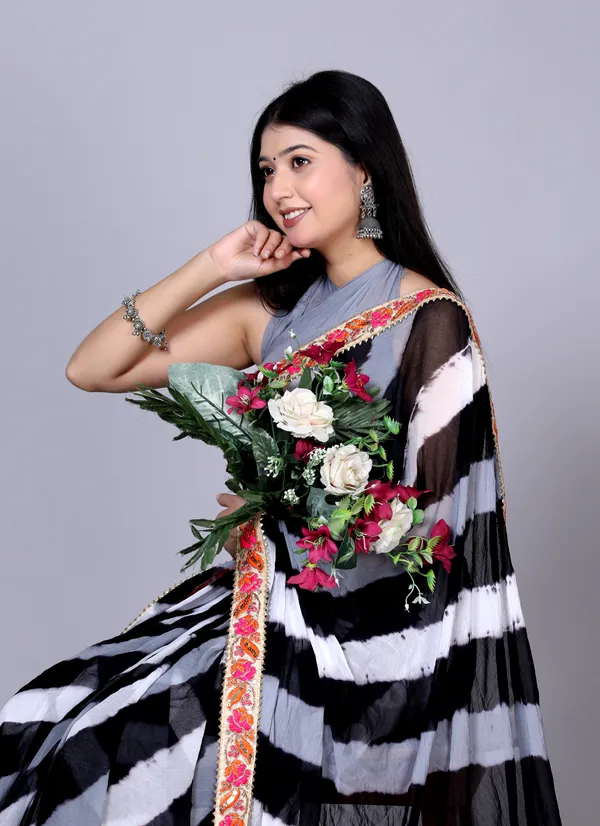 Black_Pure_Chiffon_Leheriya_Embroidered_Border_Sarees_For_Women