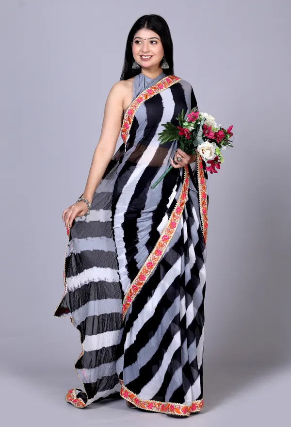 Black_Pure_Chiffon_Leheriya_Embroidered_Border_Sarees_For_Women