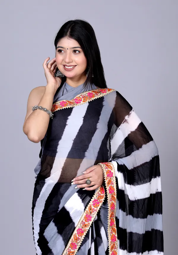 Black_Pure_Chiffon_Leheriya_Embroidered_Border_Sarees_For_Women